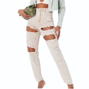 Missguided Riot High Rise Extreme Ripped Mom Jeans Stone Size: 6